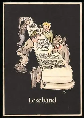 AK Karikatur Bergmännische Begriffe: Leseband, Arbeiter lesen auf einem Fliessband Zeitungsartikel