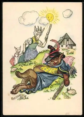 Künstler-AK Reklame für Indanthren Wäschefarbe, Der Wolf und die sieben Geisslein, Der Wolf ist satt