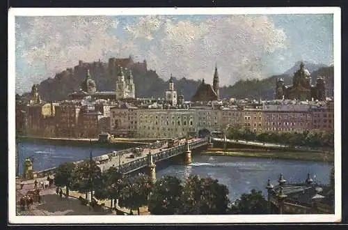 Künstler-AK Salzburg, Brücke mit Stadtpanorama und Festung