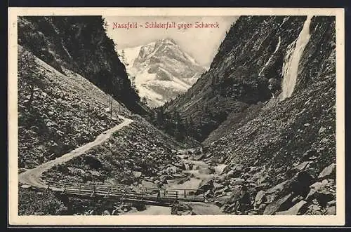 AK Hermagor, Nassfeld, Schleierfall gegen Schareck, mit Brücke