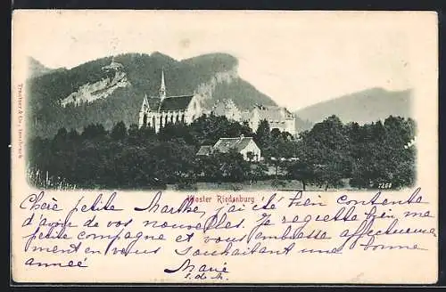 AK Bregenz, Kloster Riedenburg, Ortsansicht mit Bergpanorama