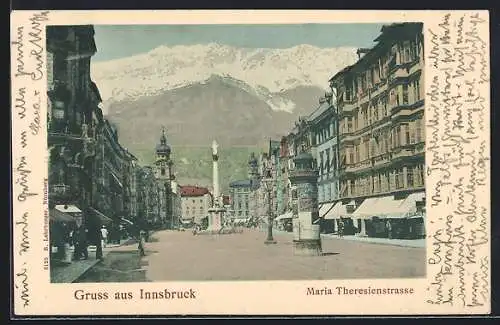 AK Innsbruck, Maria Theresienstrasse mit Litfass-u. Heiligensäule