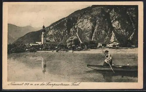AK Nassereith /Tirol, Panorama mit Kirche und Kahnfahrerin