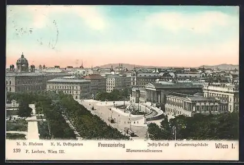 AK Wien, Franzensring mit Monumentalbrunnen aus der Vogelschau