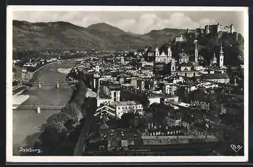 AK Salzburg, Altstdt mit Salzach u. Festung