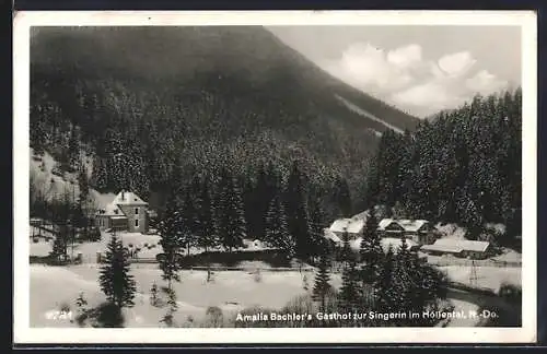 AK Schwarzau im Gebirge, Amalia Bachlers Gasthof zur Singerin im Höllental mit Umgebung im Winter