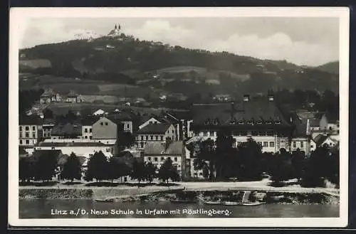 AK Linz a. D., Urfahr, Neue Schule mit Pöstlingberg