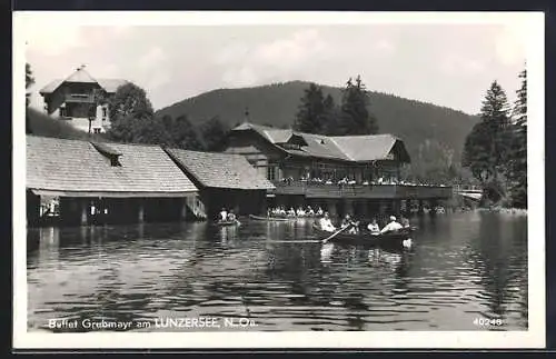 AK Lunz /N.-Ö., Lunzersee, Gasthaus Buffet Grubmayr, mit Bootspartie