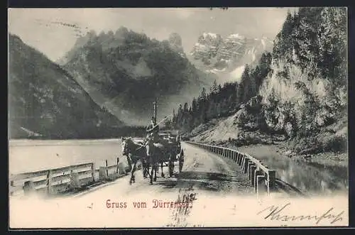 AK Toblach, Dürrensee, Brücke mit Pferdewagen