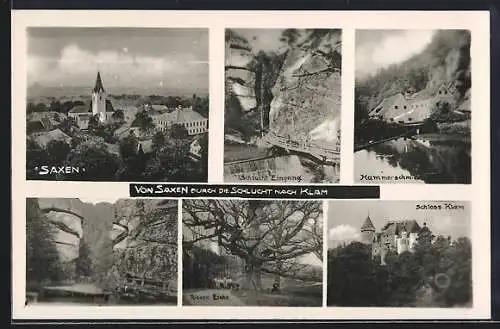 AK Saxen, Teilansicht mit Kirche, Schlucht Eingang, Schloss Klam