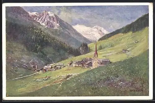 Künstler-AK Lanersbach im Tuxertal, Ort vom Berghang aus gesehen