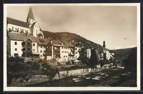 AK Murau /Steiermark, Uferpartie mit Kirche