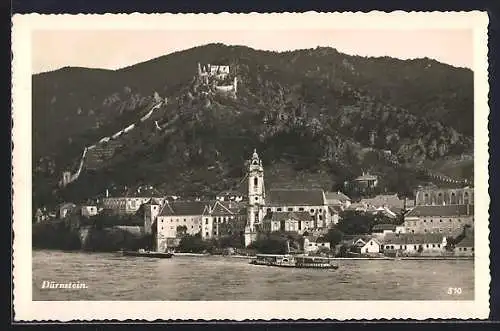 AK Dürnstein a. d. Donau, Uferpartie mit Kirche und Dampfer