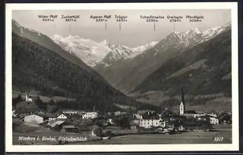 AK Mieders im Stubai, Ortsansicht mit Gletscherblick
