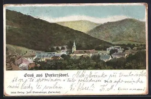 Künstler-AK Purkersdorf, Blick vom Berg auf Ort mit Kirche