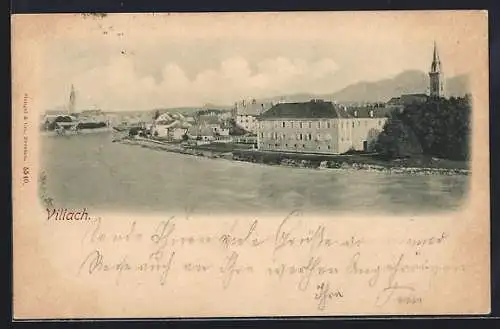 AK Villach, Uferpartie mit Kirche