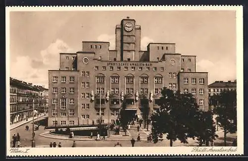 AK Wien, Städtisches Amalienbad mit Strassenpartie