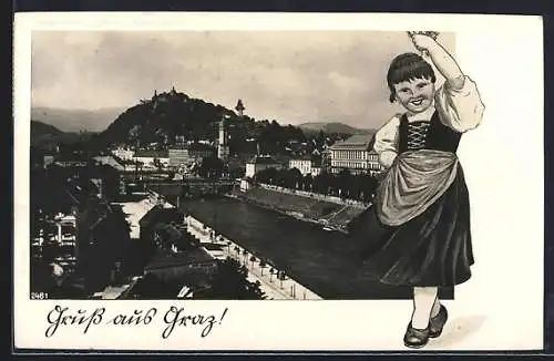 AK Graz, Uferpartie mit Brücke, Mädchen in Tracht