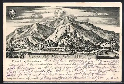 Lithographie Friesach, Teilansicht mit Rathaus, Spitalkirche und Kirche St. Johannes im 17. Jahrhundert