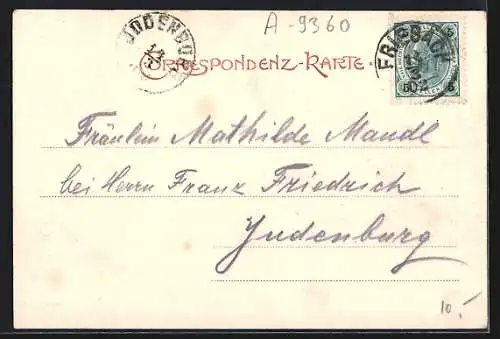 Lithographie Friesach, Teilansicht mit Rathaus, Spitalkirche und Kirche St. Johannes im 17. Jahrhundert