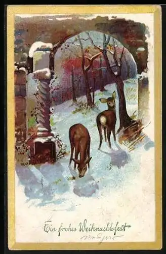 AK Zwei Rehe unter einem Torbogen im Schnee, Weihnachtsgruss