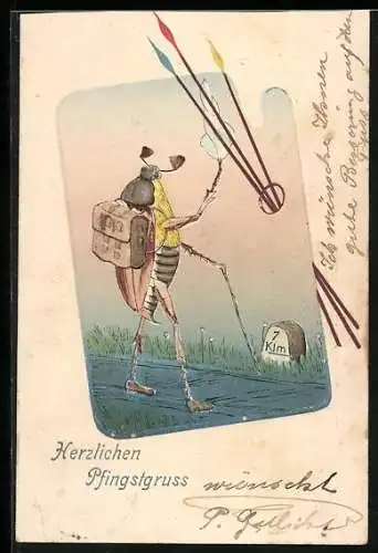 Präge-Lithographie Maikäfer mit Tornister auf Wanderschaft, Kilometerstein, Malerpalette mit Pinseln, Pfingstgruss