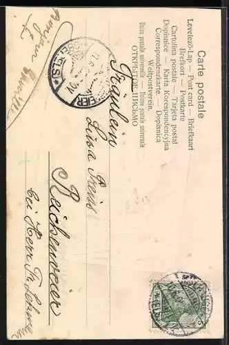 Präge-Lithographie Maikäfer mit Tornister auf Wanderschaft, Kilometerstein, Malerpalette mit Pinseln, Pfingstgruss