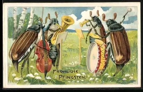 AK Pfingstgruss mit musizierenden Maikäfern