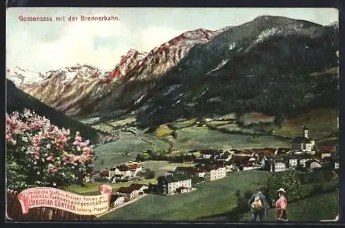 AK Gossensass, Ortsansicht mit der Brennerbahn