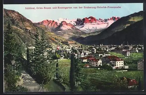 AK Gries-Bozen, Ortsansicht mit Rosengarten von der Erzherzog-Heinrich-Promenade