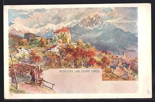 Künstler-AK Dorf Tirol, Schloss und Blick in die Alpen
