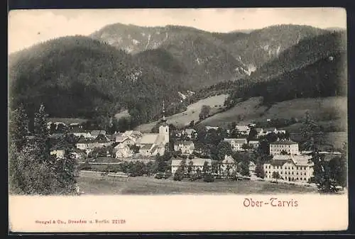 AK Ober-Tarvis, Ortsansicht mit Kirche und Bergen