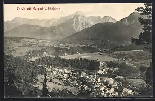 AK Tarvis, Ortsansicht mit Mangart u. Fünfspitz