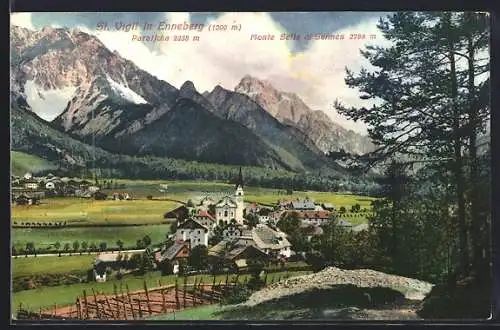 AK St. Vigil in Enneberg, Ortsansicht mit Paratscha und Monte Sella di Sennes