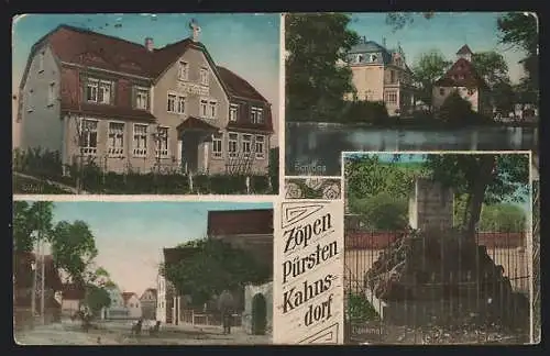 AK Kahnsdorf, Denkmal, Strassenpartie, Schloss, Schule
