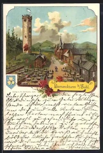 Lithographie Suhl, Gasthof mit Biergarten am Bismarckturm