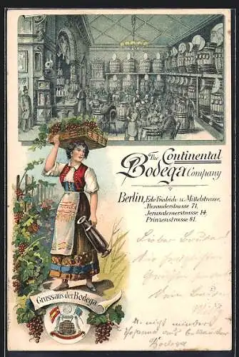 Lithographie Hamburg, The Continental Bodega Company, Frau in Tracht, Ecke Plan- und Rathausmarkt