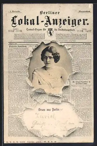 Zeitung-AK Berlin, Zeitung Berliner Lokal-Anzeiger, junge Dame