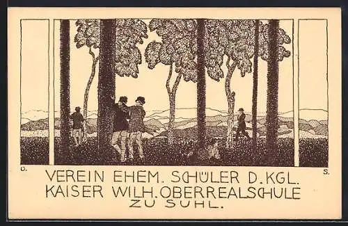 Künstler-AK Suhl, Verein ehemaliger Schüler der Königlichen Kaiser Wilhelm Oberrealschule, Ortspartie mit Bergpanorama