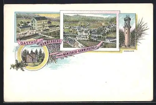 Lithographie Manebach-Kammerberg, Gasthof Kammerberg, Goethehäuschen, Kickelhahn