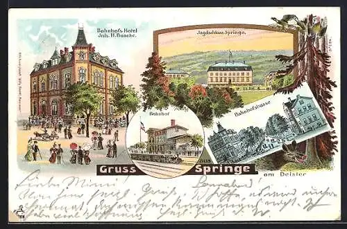 Lithographie Springe, Bahnhof-Hotel, Inh. H. Busche, Bahnhof, Jagdschloss, Bahnhofstrasse