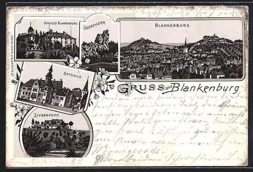Lithographie Blankenburg / Harz, Schloss, Rathaus, Ziegenkopf, Grossvater, Ortsansicht
