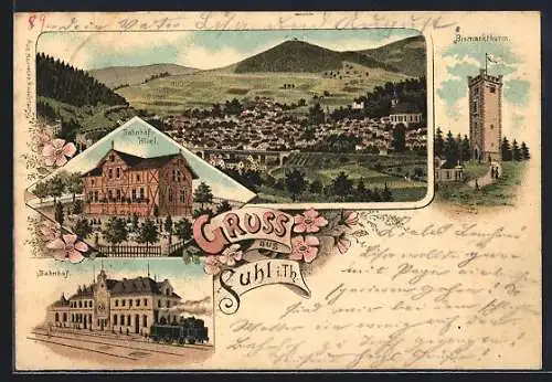 Lithographie Suhl i. Th., Bahnhof, Bahnhof-Hotel, Bismarckturm, Ortsansicht