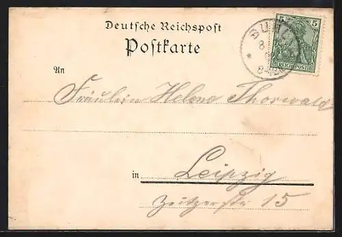 Lithographie Suhl i. Th., Bahnhof, Bahnhof-Hotel, Bismarckturm, Ortsansicht