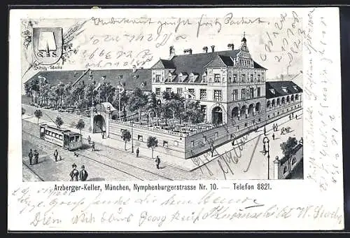 Lithographie München, Arzberger-Keller, Nymphenburgerstrasse 10, Strassenbahn