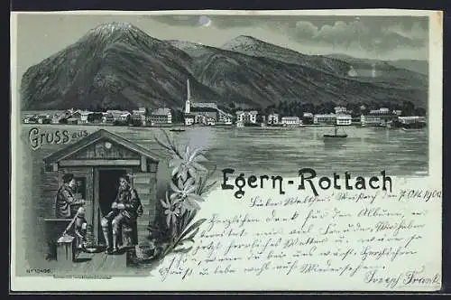 Mondschein-Lithographie Egern-Rottach, Ortsansicht aus der Vogelschau