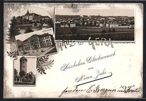 Lithographie Gera, Gymnasium, Ferberturm, Ortsansicht aus der Vogelschau
