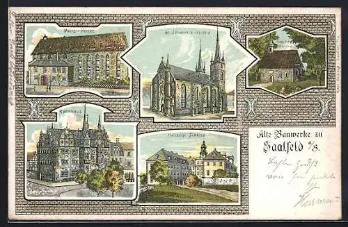 Lithographie Saalfeld a. S., Münz-Kirche, Rathaus, St. Johannis-Kirche