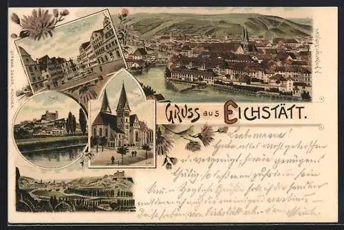 Lithographie Eichstätt, Marktplatz, Dom, Burg, Gesamtansicht