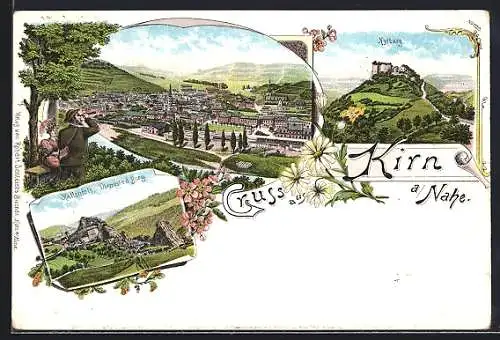 Lithographie Kirn a. Nahe, Kyburg, Panoramablick auf den Ort